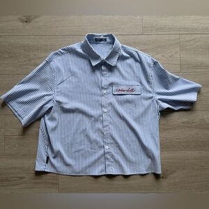 MANFINITY MEN’S STRIPED BUTTON UP SHIRT SIZE L BLUE WHITE SHORT SLEEVE